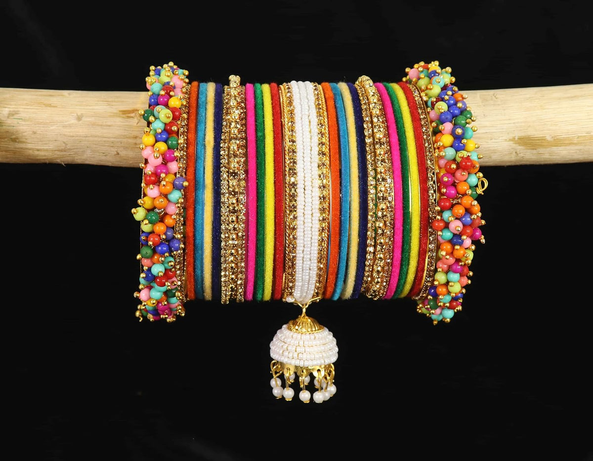NMII Traditional Metal Velvet Bangles With Pearls & Zircon Stone Latkan Chuda Set for Bridal Women & Girls | Premium Set With Latkan for Wedding, Party, Festive, Occasion Wear - Set of 54