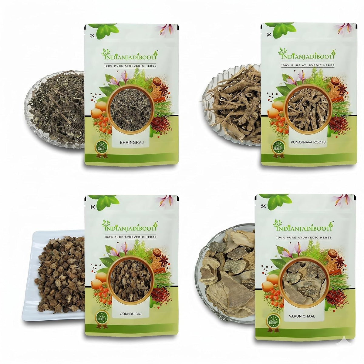 IndianJadiBooti Elite Urinary & Aesthetic Bundle: Punarnava, Gokhru Bada, Varun Chaal & Bhringraj – Promotes Kidney Filtration, Fluid Balance & Hair Vitality – 250gm Each