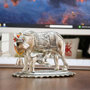 KridayKraft Metal Om Kamdhenu Cow and Calf Metal Statue for Good Luck,Feng Shui As Table Top Figurine,Vastu,Religious Gau MATA Idol Home,Office&Table Decorative,Animal