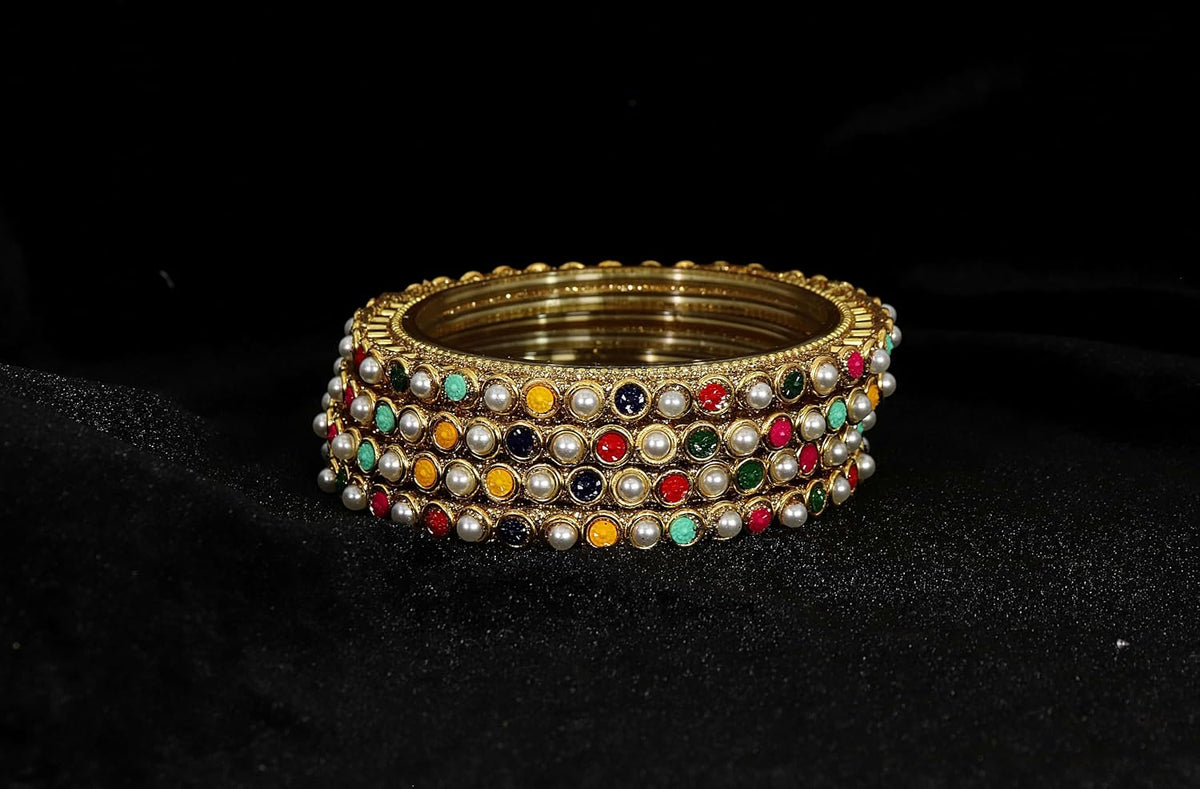 NMII Glass Golden Zircon Gemstone & Colorful Beads Studded Bangles Kada Set For Women & Girls | Traditional Stylish Kangan | Bangles For Women Glass | Wedding, Party, Occasion Wear Bangle- Set of 4