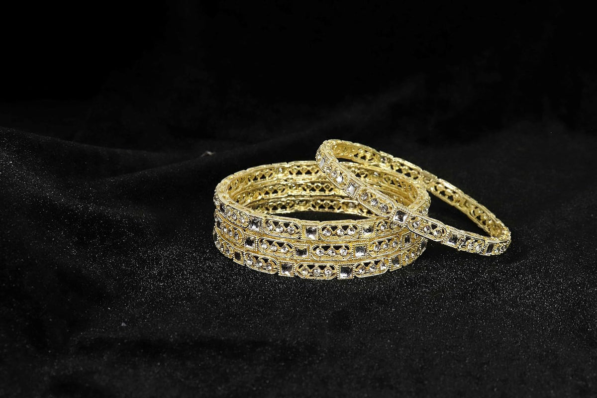 NMII Gold Plated Metal Kundan Stone & American Diamond Bangles Set For Women & Girls | AD Bangles | Traditional Bangles Set | Stone Work | Premium Design | Wedding, Party, Occasion- Set of 4