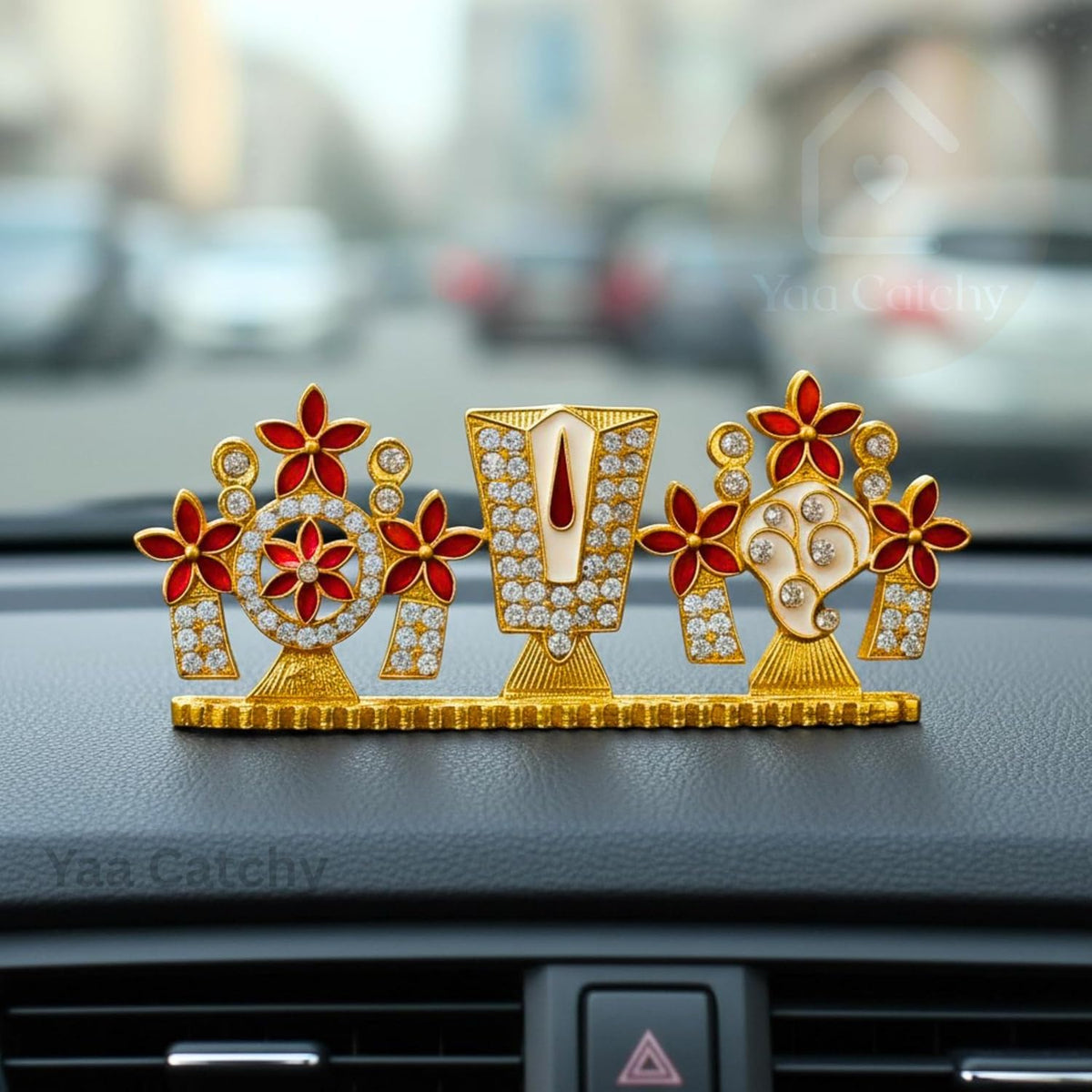 YaaNatural Yaa Catchy Lord Balaji Double-Sided Idol for Car Dashboard & Home Decor Gold Finish Venkateswara Face Statue | Spiritual Gift, Pooja & Office Idol (Double Side Shanku Chakra Namam)