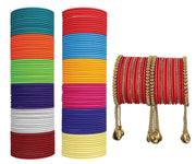 NMII Multi Colour Metal Bangles Combo Set for Women & Girls | Golden Polka Dots & Cutting Design | Plain Chudi Set | Daily Use Bangles