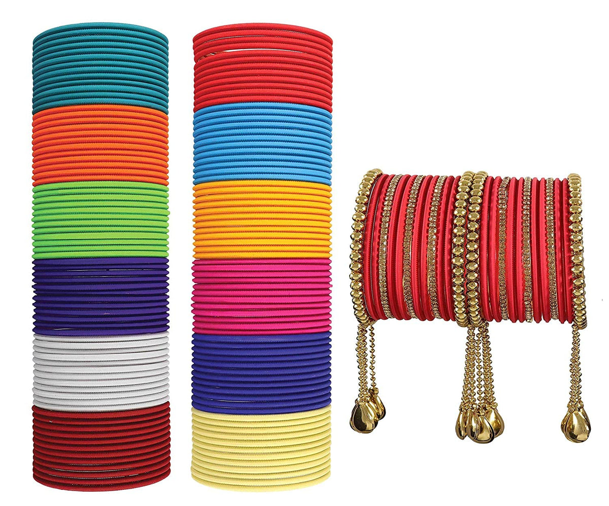 NMII Multi Colour Metal Bangles Combo Set for Women & Girls | Golden Polka Dots & Cutting Design | Plain Chudi Set | Daily Use Bangles