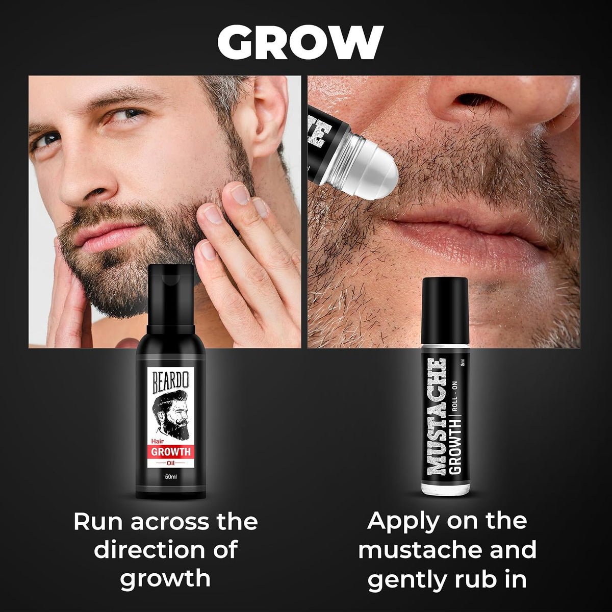 BEARDO Mustache Growth Roll On 8ml with Beard & Hair Growth Oil 50ml + 30ml | Beard Growth Kit for Men, Hair Regrowth Oil, Patchy Beard Filler, Thick & Strong Beard Combo (Pack of 3)