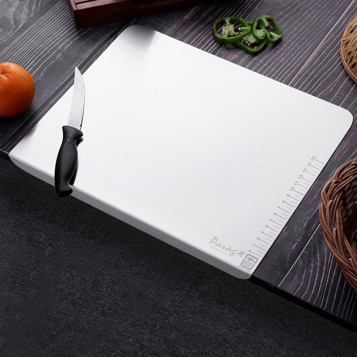 Parage Large Stainless Steel Chopping Board (41 x 31 cm) | Heavy Duty Metal Cutting Board with Anti-Skid Silicone Pads | Durable, Rust-Proof Kitchen Board for Vegetables, Meat & Fruits