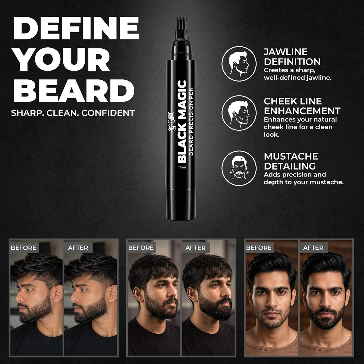 Beardo Black Magic Beard Precision Pen | Instantly Covers Patchy Beard | Hair-Like Precision Strokes | Natural Beard Filler Pen | Waterproof, Smudge-Proof & Long-Lasting | 1.5ml