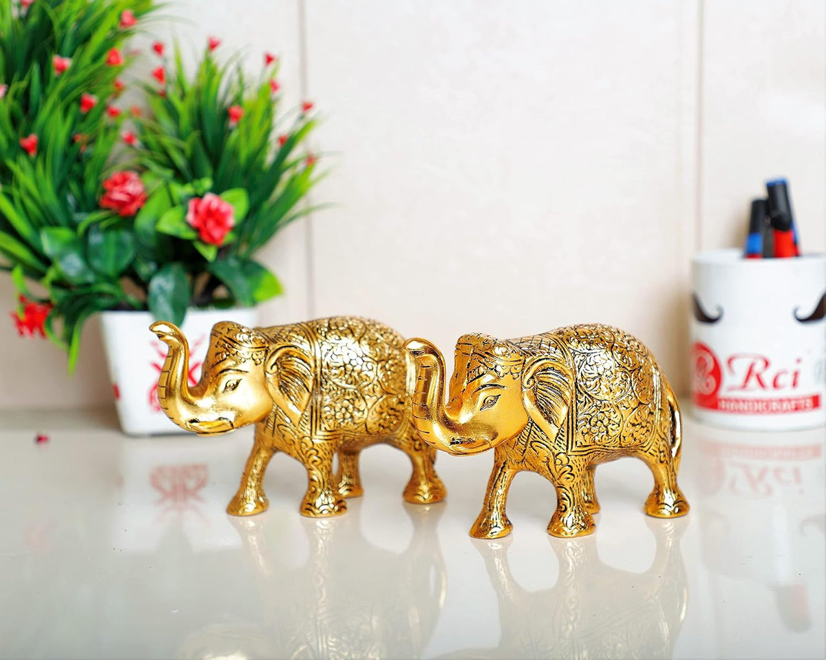 KridayKraft Metal Elephant Statue Small Size Gold Polish 2 pcs Set for Your Home,Office Table Decorative & Gift Article,Animal Showpiece Figurines...