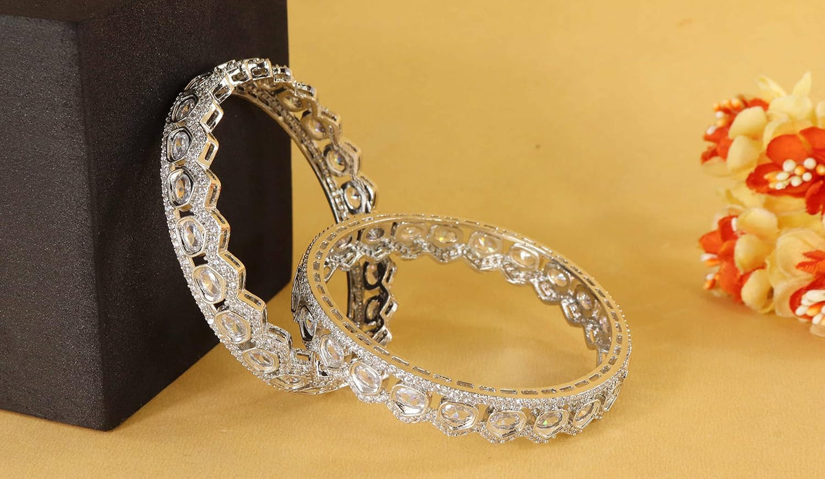 NMII Alloy Metal American Diamond Bangles Bracelet Jewellery Set For Women & Girls | Oval Shaped Cubic Zirconia Bangle | Premium Bridal Kada For Wedding, Party, Spaecial Occasion- Set of 2 Bangles