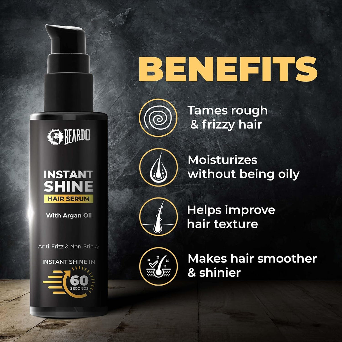 Beardo Instant Shine Hair Serum for Men – 50ml | Instant Shine & Anti-frizz with Argan Oil, Made for Men's Hair, Super Light-weight | Provides shine, smoothness and damage protection | Frizz-Free Hair Serum for Men