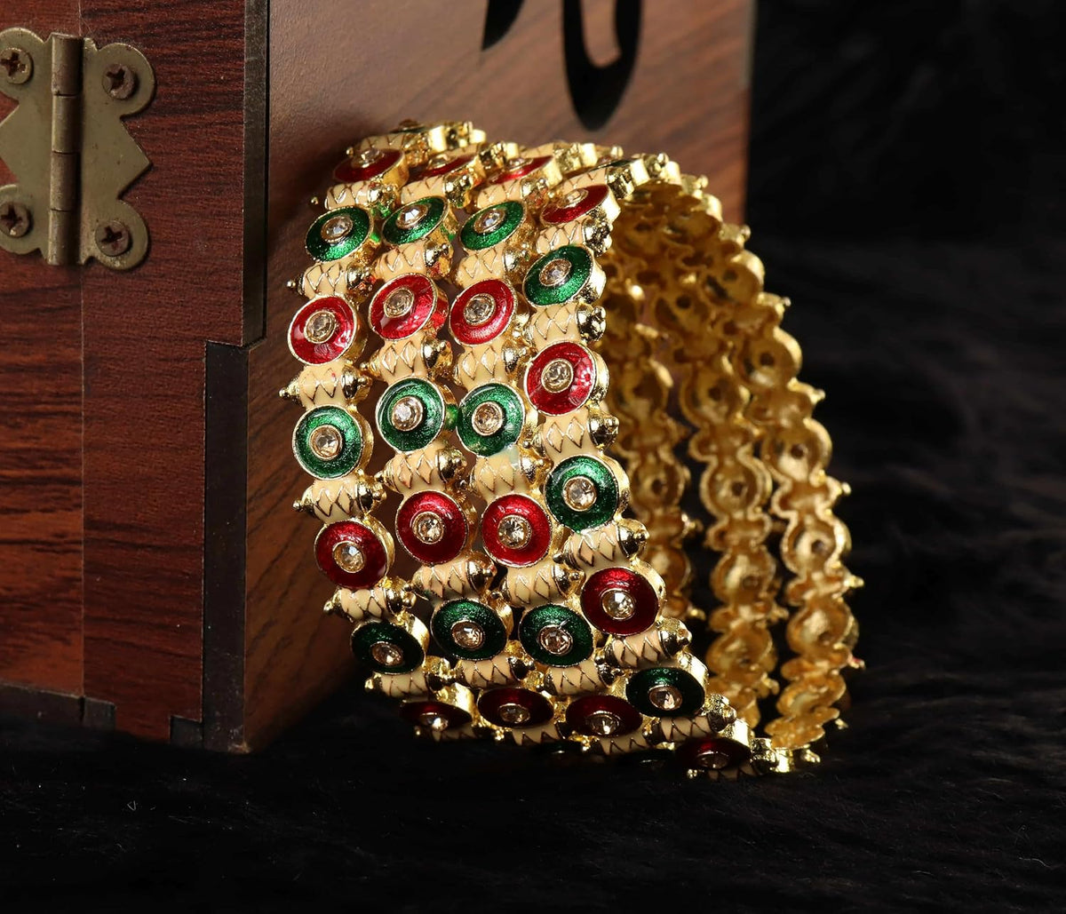 NMII Viral Gold Tone Kada for Women & Girls with Red & Green Stone Pattern | Traditional Kada For Wedding Festival Party | Metal Kangan's Karwa Chauth Diwali Gift | Beautiful Ethnic Jewelry - Set of 4