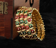 NMII Viral Gold Tone Kada for Women & Girls with Red & Green Stone Pattern | Traditional Kada For Wedding Festival Party | Metal Kangan's Karwa Chauth Diwali Gift | Beautiful Ethnic Jewelry - Set of 4