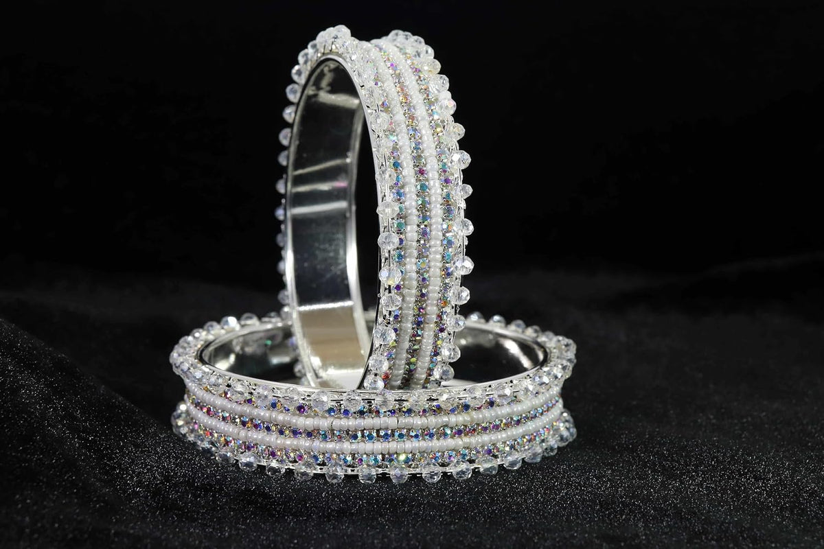 NMII Stylish Pearls & Zircon Diamond Stone Metal Bangles For Women and Girls | Fancy Women's Bangles Bracelet | Metallic Bangles kada | Trendy Bangles Fashion Jewellery- Set of 2