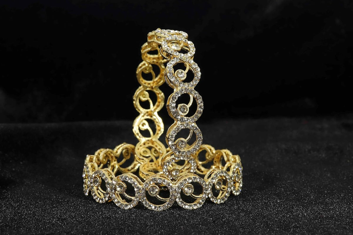 NMII Stylish Alloy Metal Gold Plated Bangles Set For Girls and Women Studded American Diamond Stone | Fancy Diamond Bangles | Metal bangles | Women Bangles For Wedding, Party, Function- Set of 2