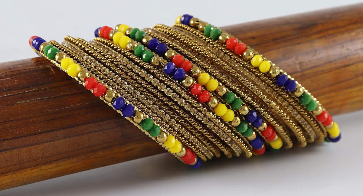NMII Metal with Zircon Gemstone, Pearls and Beads Studded Glossy Finished Bangle Set For Women and Girls