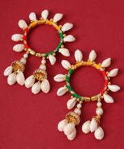 NMII Beautiful Sea Shells Kaudi Latkan Bangles Set For Women & Girls with Pearls Moti & Golden Balls | Handmade Bridal Bangles Bracelet For Wedding, Haldi, Mehandi, Sangeet Jewellery- Set of 2 Kada