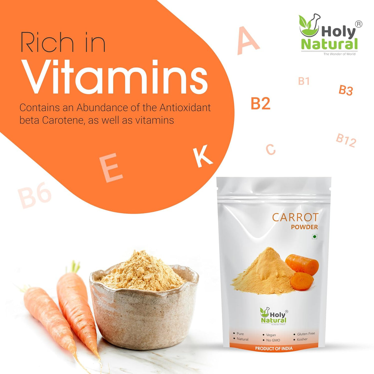 Holy Natural Carrot Powder 1kg | Supports Immunity, Eye & Skin Health | Ideal for Juice, Smoothie, Soup & Baking