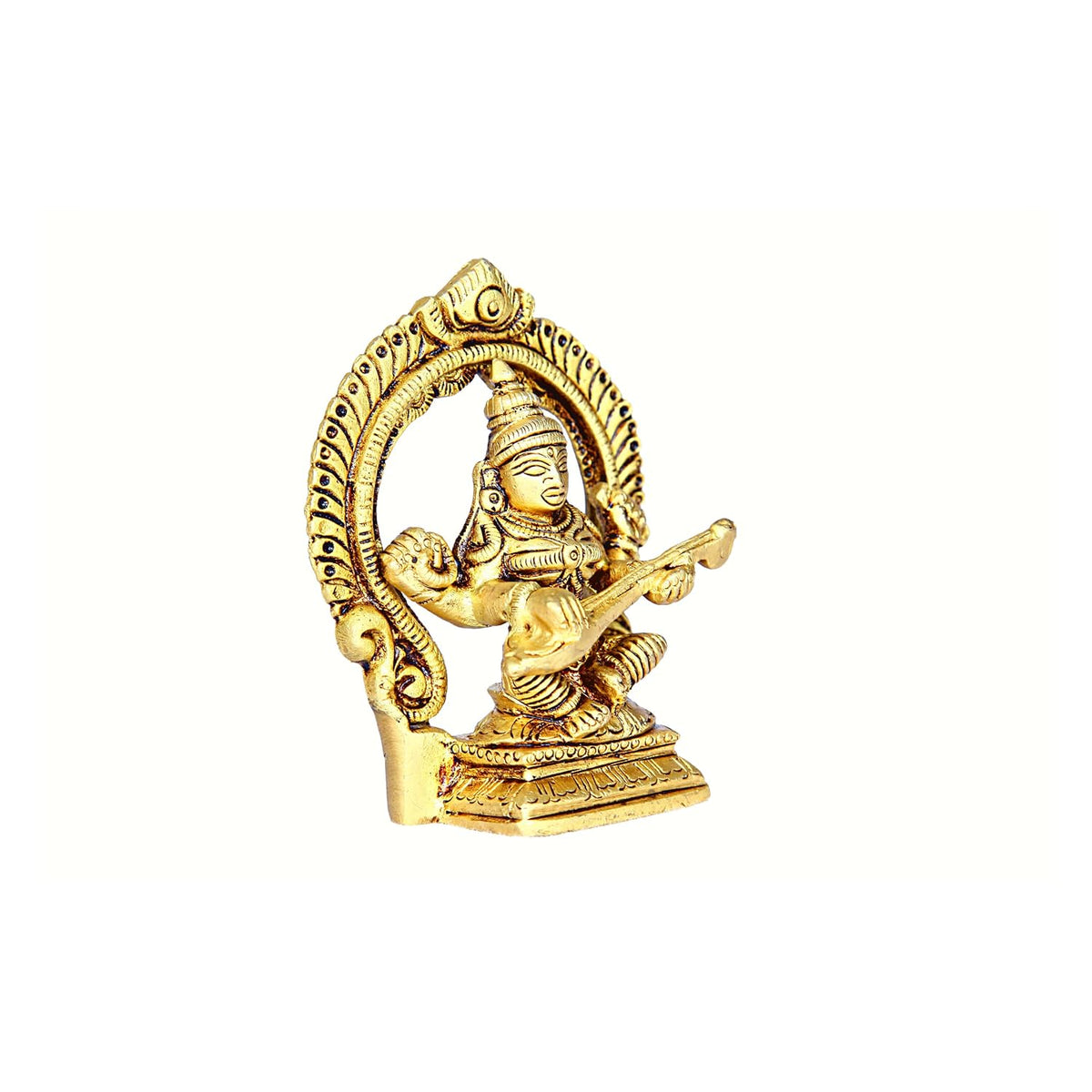 Aalayam Selveer Saraswati Devi Brass Idol with Arch | Brass Saraswati Idol Small | Saraswati Devi Statue Brass 9 CM Height, Gold Colour, 1 No