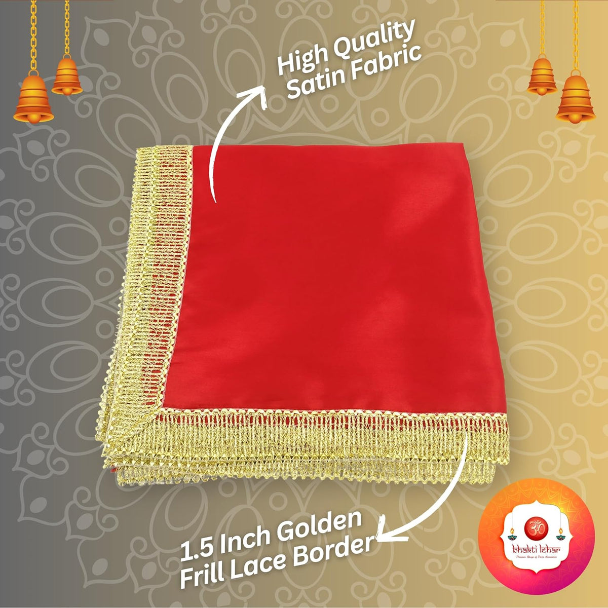 Bhakti Lehar Satin Altar Cloth (Size: 1 METER) | Diwali Pooja Sartin Cloth Mat for Puja Table, God Chowki Aasan, Temple, Mandir and Multipurpose Use (Red)