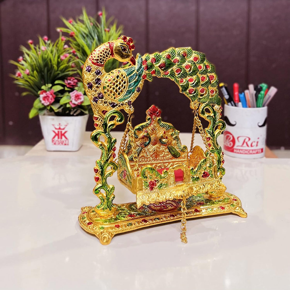 KridayKraft Metal Laddu Gopal Jhulla Palana for Janmastmi Festive Gold Plated with Meenakri Work for Your Home, Temple Office,Gift Article.
