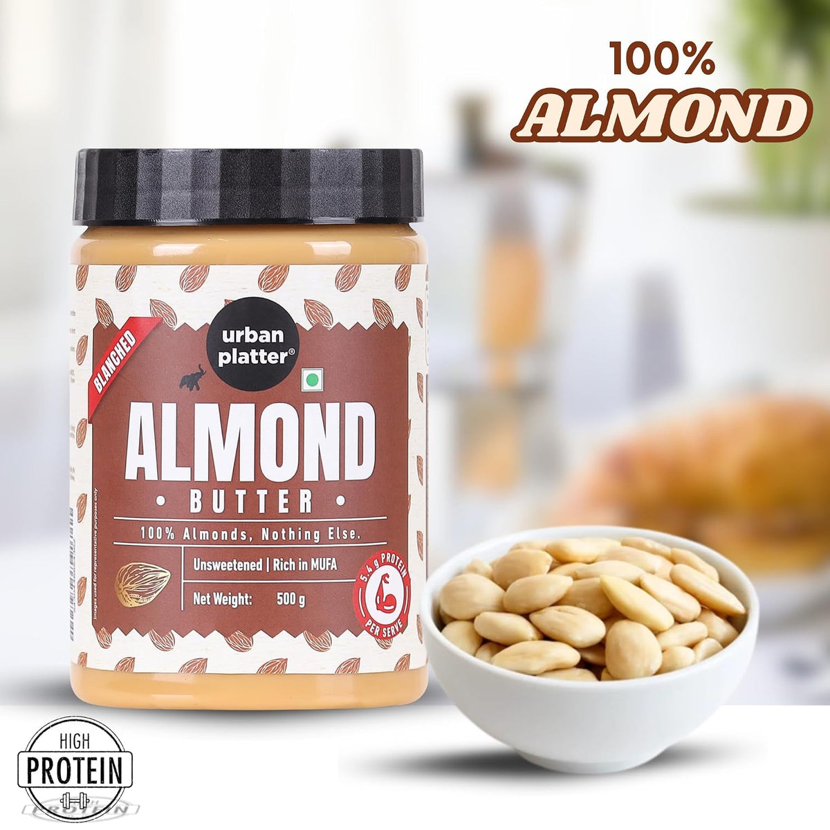Urban Platter Almond Butter (Without Skin), 500g (Nutty Flavour | Single Ingredient | Keto-Friendly | Blanched Paste)