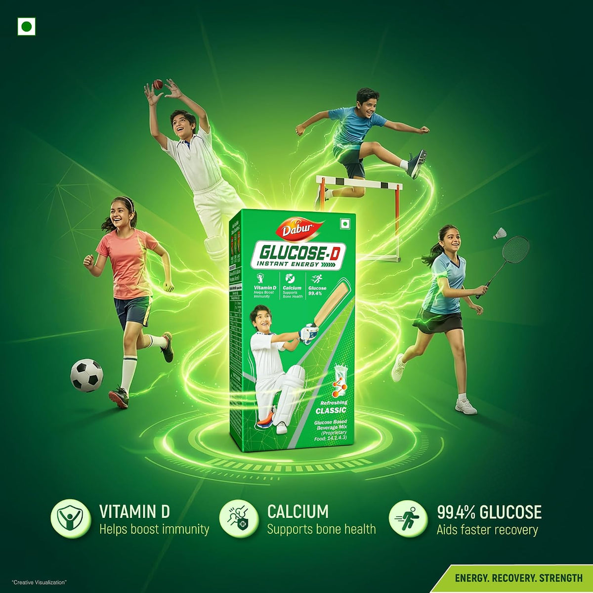 Dabur Glucose-D Instant Energy Drink Powder - 1kg (Carton)| Enriched with Vitamin D & Calcium | 99.4% Glucose Quick Energy Replenishment Formula | Easy to Mix Refreshing Drink