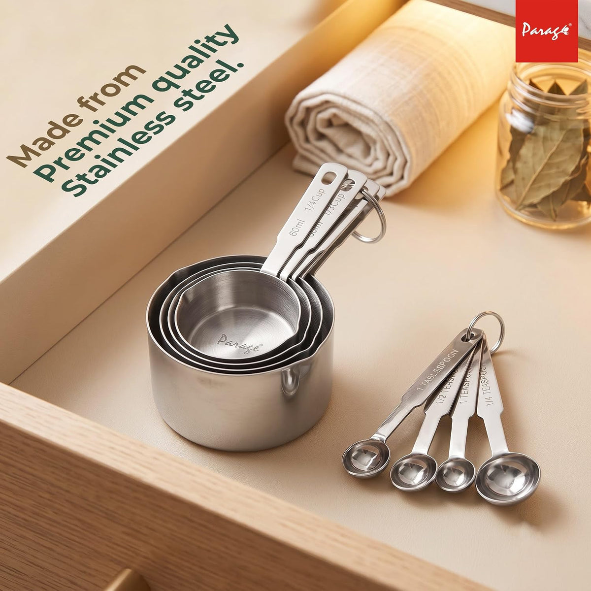 Parage Stainless Steel Measuring Cups & Spoon Combo for Dry or Liquid/Kitchen Gadgets/Cooking & Baking/Stackable Professional Measuring Cup Set with Measurement Handles (Set of 4 Cups & 4 Spoons)