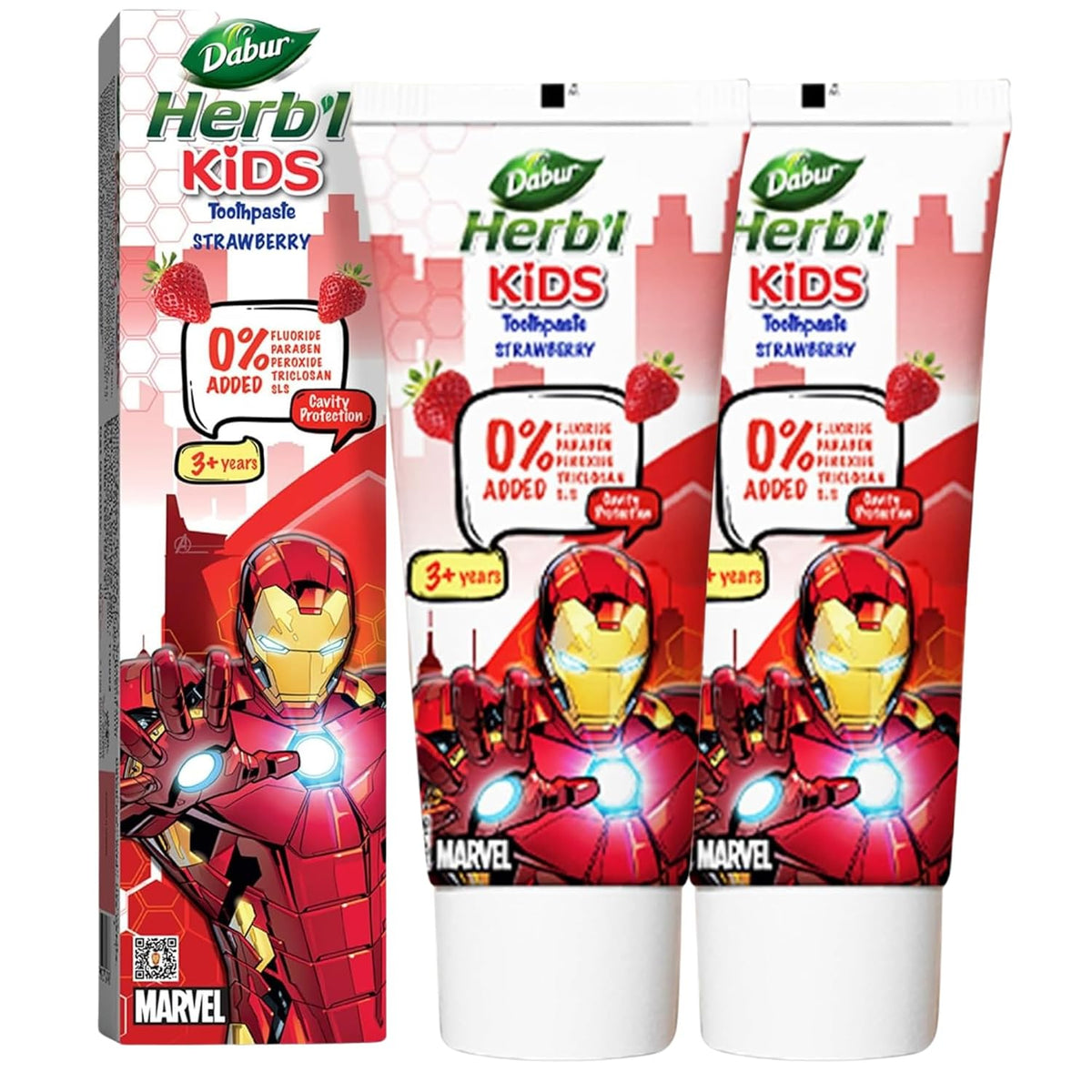 Dabur Herb’l Kids Iron Man Toothpaste - 160g (80g x 2) | Strawberry Flavour | 3+ Years | No Added Chemicals | Cavity Protection | Fights Germs | Strong Teeth & Healthy Gums | SLS & Fluoride Free