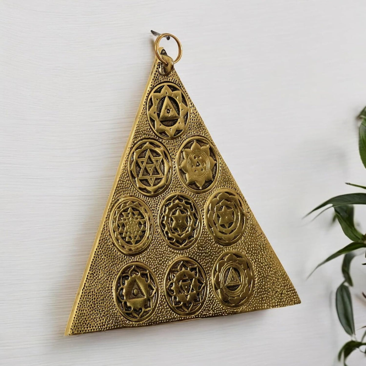 KridayKraft Metal Shri Vastu Navgrah Yantram Maha Yantra with Sampoorna Navgraha Triangle Yantra for Vastu Dosh Nivaran Wall Hanging Triangular Shaped Yantra (8.5 Inches) (1 Pc), Gold