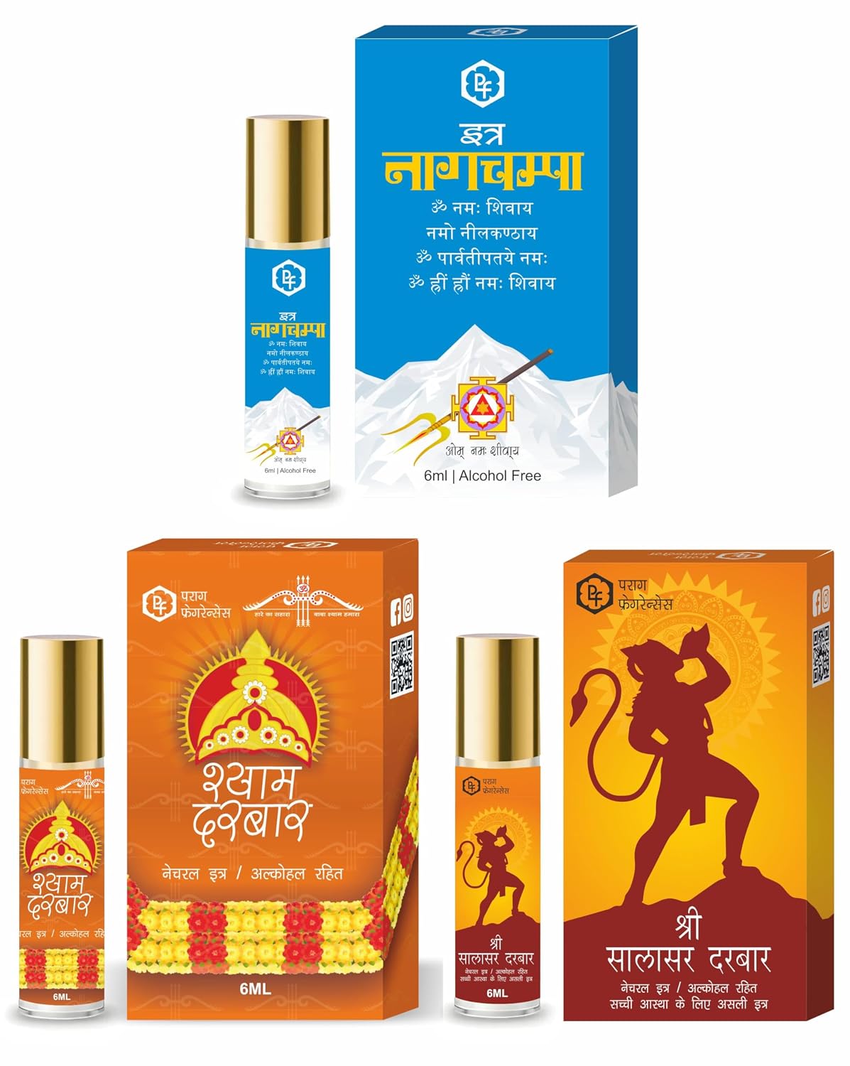 Parag Fragrances Religious Attar Trio (Shyam Darbar, Salasar Balaji & Nagchampa) Each 6ml Total 18ml Attar For Pooja/Worship (Alcohol Free & Natural Long Lasting Attar)