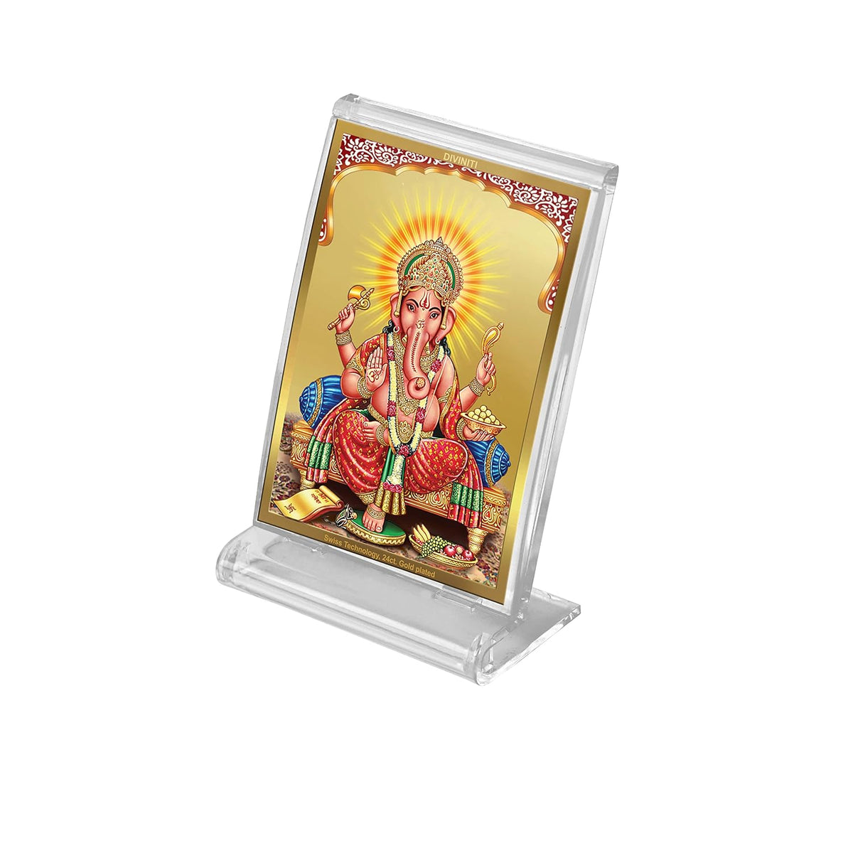 DIVINITI 24K Gold Plated Religious Car Dashboard Frame | Premium God Idol Frame for Car, Home Mandir & Office Table | Spiritual Gift, Decorative Showpiece | Ganesha Front Pose