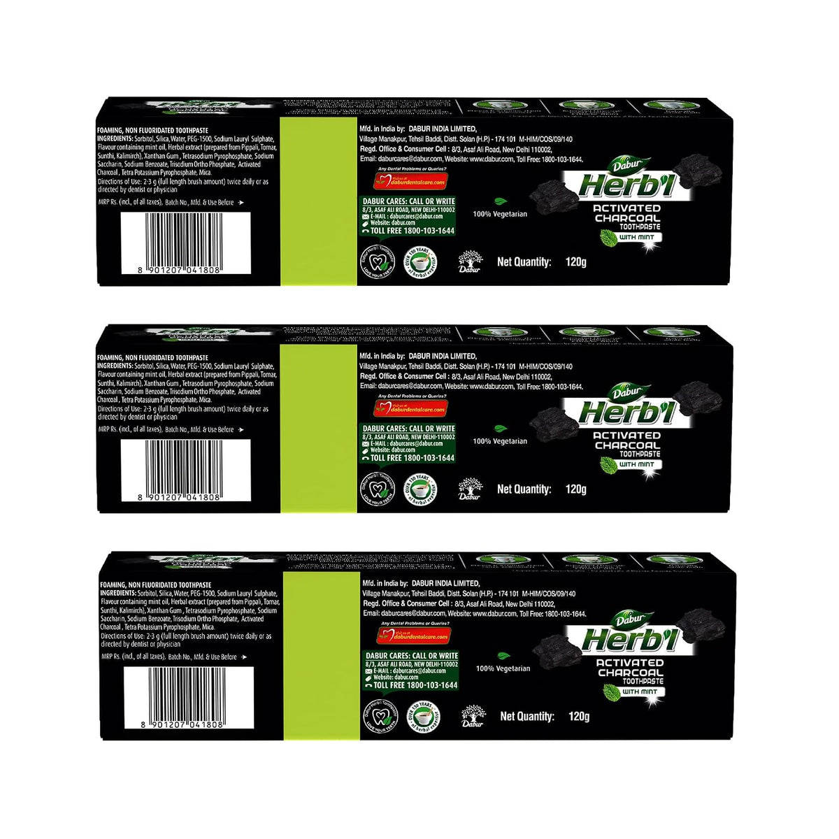 DABUR Herb'L Activated Charcoal Toothpaste 360G (120G x3, Pack of 3) | Whitening Black Gel Toothpaste | Fluoride Free | Fights Plaque & Extrinsic Stains | With Power of Mint | Cool & Refreshing Mouth Experience