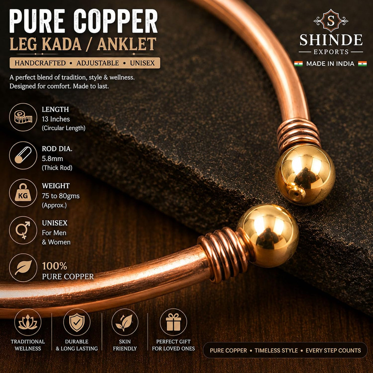 SHINDE EXPORTS adjustable pure copper leg anklet bracelet kada for men and women indian jewelry