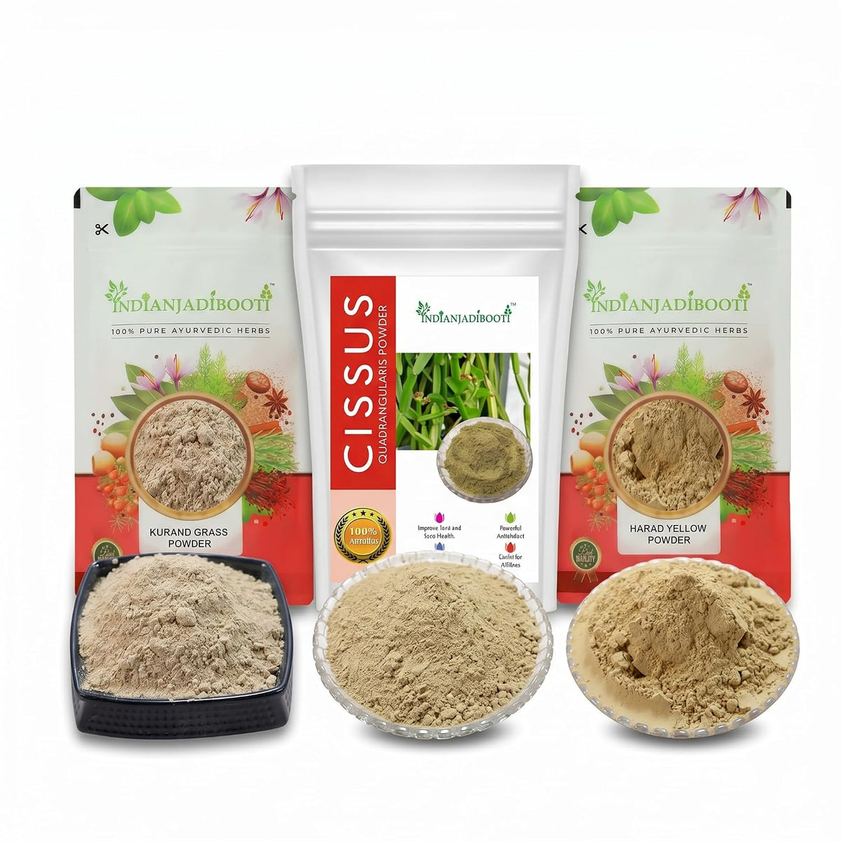 IndianJadiBooti Elite Orthopedic & Metabolic Bundle: Hadjod, Kurand Grass & Harad – Promotes Bone Integrity, Digestive Clearance & Systemic Resilience – 100gm Each