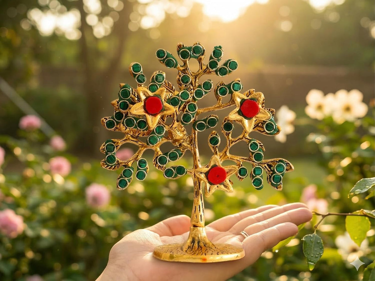 KridayKraft Metal Kalpavriksha Tree for Home Decor - Golden Wish Fulfilling Tree Metal Showpiece for Temple, Vastu, Office Table & Gifting Banyan (No 1 Golden with Stone)