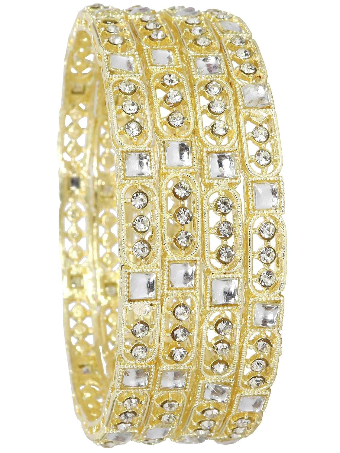 NMII Gold Plated Metal Kundan Stone & American Diamond Bangles Set For Women & Girls | AD Bangles | Traditional Bangles Set | Stone Work | Premium Design | Wedding, Party, Occasion- Set of 4