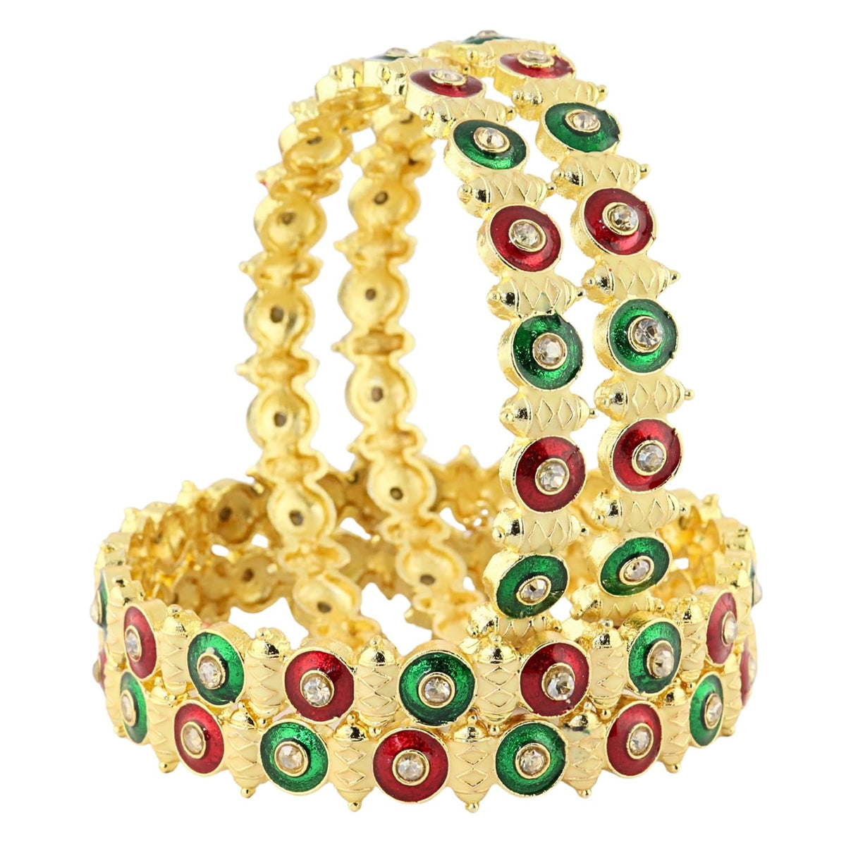 NMII Viral Gold Tone Kada for Women & Girls with Red & Green Stone Pattern | Traditional Kada For Wedding Festival Party | Metal Kangan's Karwa Chauth Diwali Gift | Beautiful Ethnic Jewelry - Set of 4