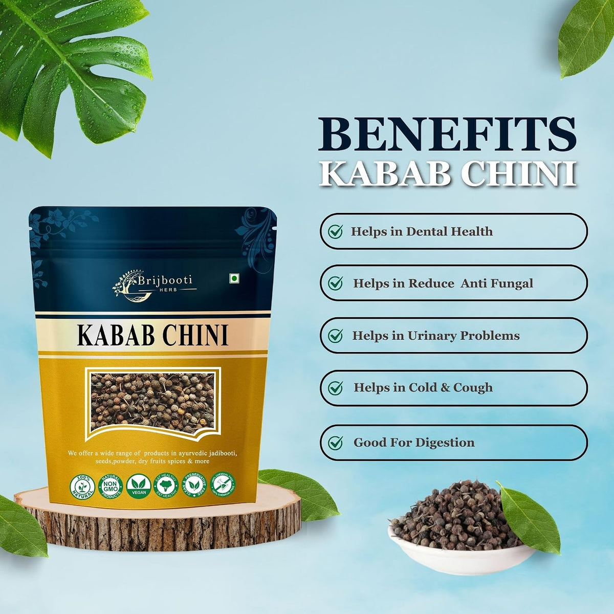 BrijBooti Sheetal Chini - Kababchini - Piper Cubeba - Cubeb Berries - Kankol Mirch (100 Gr)