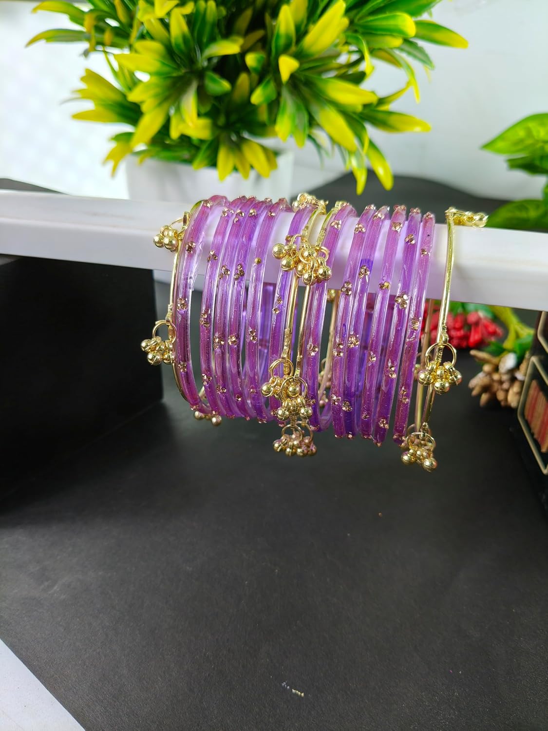 NMII Viral Multi Colour Glass Bangles with Golden Ghungroo Charms & Stone Work For Women & Girls | Fancy Designer Glass Bangle | Traditional Chudi | Kanch Ki Churi | Stylish Ghungroo Bangle For Women
