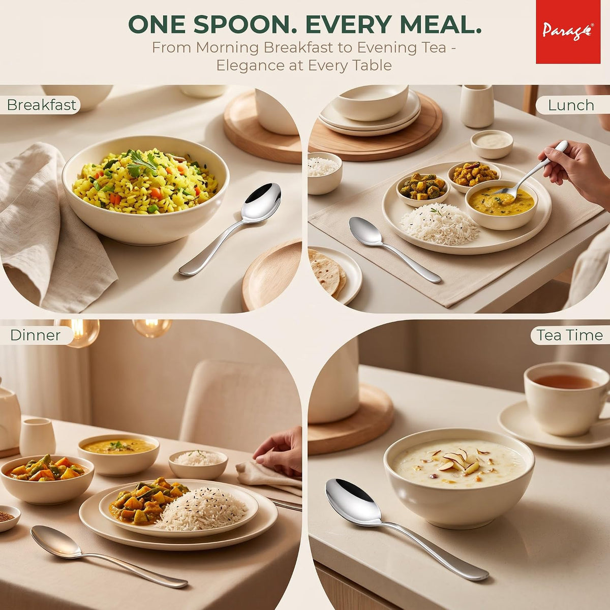Parage Tiara Stainless Steel Dinner Spoon Set of 6, Length 16cm Tableware with 2mm Thickness Spoons, Mirror Finish for Home Kitchen Dining