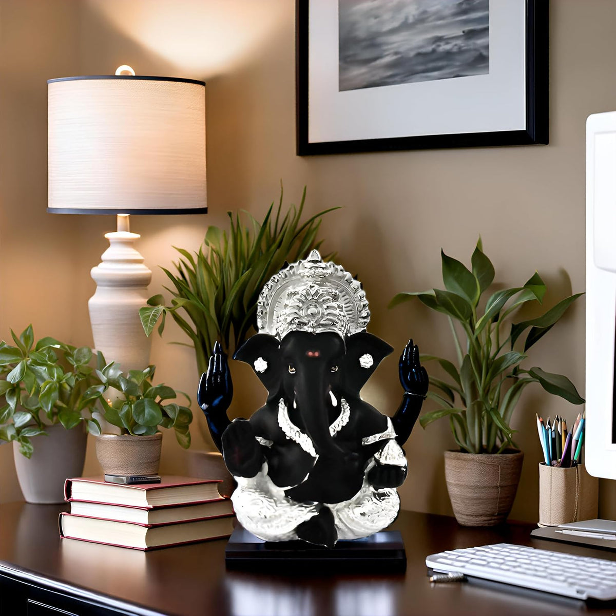 DIVINITI 999 Silver Plated Ganesha Idol for Home Decor Puja |Ganesh Idol for Home Decor Ganpati for Gift 3.5 inches |Ganesh Statue Gift for Office Desk Puja Room Figurine (8.89 x 5.08 cm) (Black)