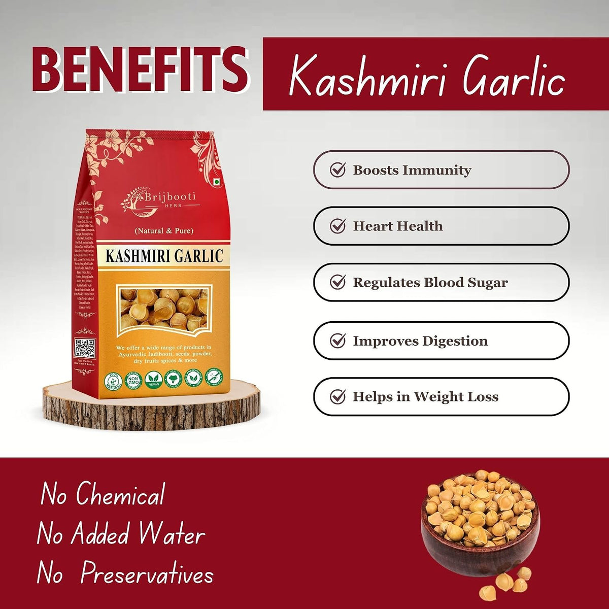 Brijbooti Kashmiri Lehsun 900 Gram | Organic Single Clove Garlic | Snow Mountain Kashmiri Garlic | Allium Sativum