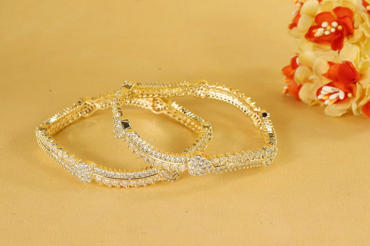 NMII Latest CZ American Diamond Leaf Alloy Metal Bangles Premiun Kada For Women & Girls | Latest Cubic Zirconia Girls' Bangles Bracelet | Trendy Kangan Stylish Women's Bangles Diamond-Set of 2 Bangle