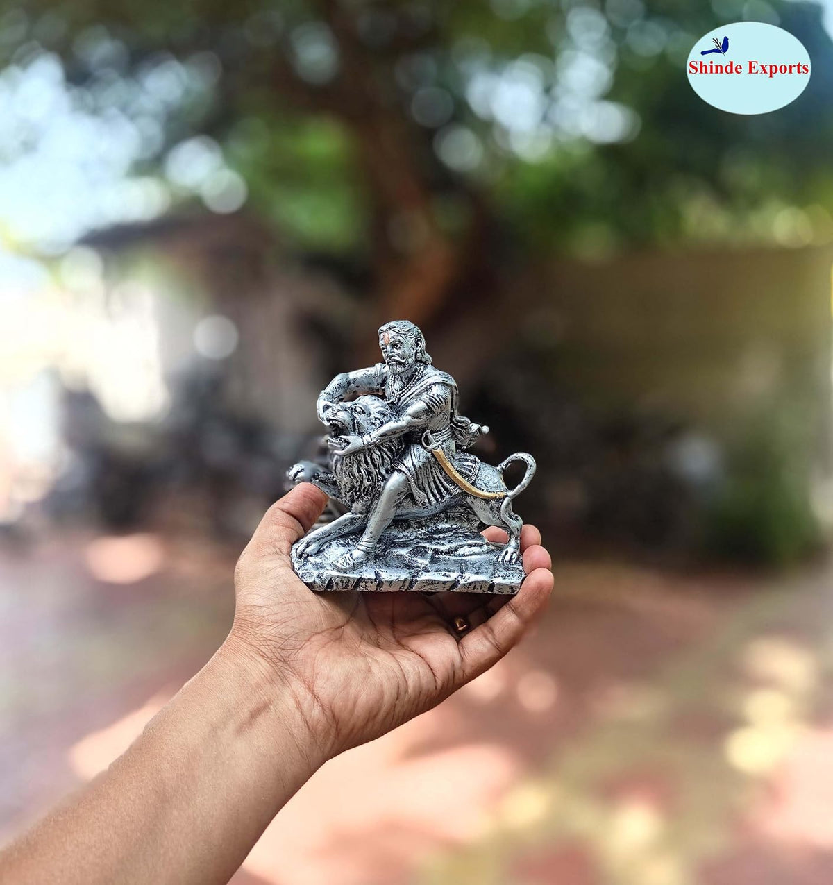 SHINDE EXPORTS chatrapati sambhaji maharaj Statue murti Idol with Lion for car (Silver)