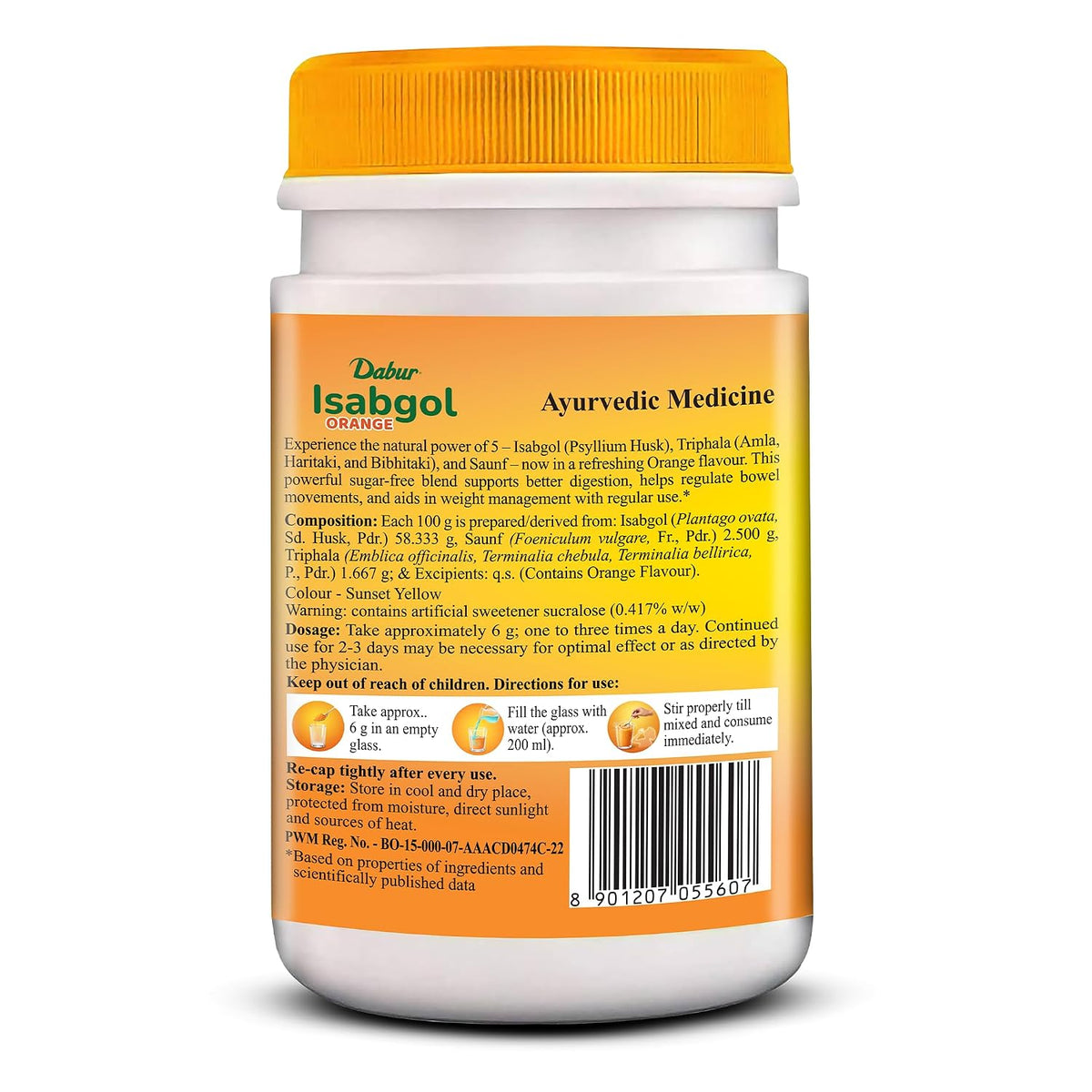 Dabur Orange Flavoured Isabgol with the Power of 5 Herbal Boosters — including Triphala, Saunf & Psyllium Husk — for Daily Bowel Regularity.