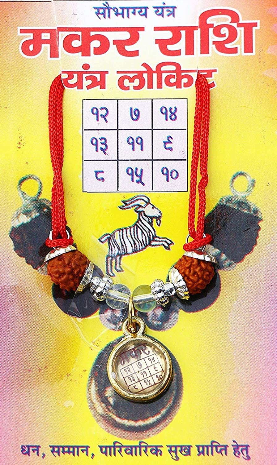 RUDRADIVINE Brown Crystal Makar Rashi Yantra Sobhagya Kavach Pendant for Capricornus Zodiac with 5 Faced Rudraksha for Men and Women