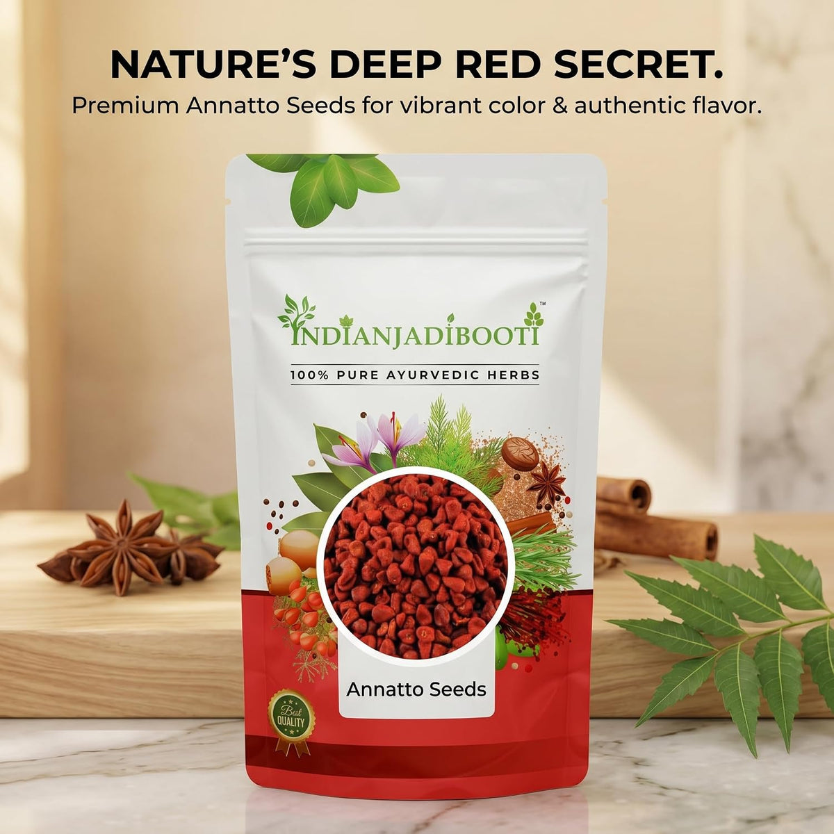IndianJadiBooti Pure Annatto Seeds (Achiote) | 100% Natural Red Food Color & Earthy Spice for Cooking, Gravies & DIY Cosmetics (100 Grams)