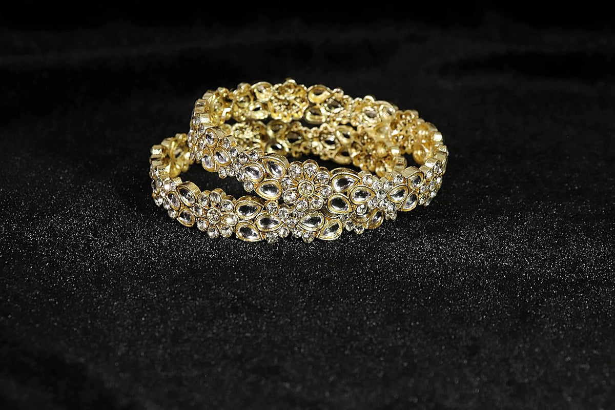 NMII Gold Plated Metal Kundan Stone & American Diamond Bangles For Women & Girls | Traditional Kada For Women | Fancy Rajwada Bangles | Bangles For Wedding, Party, Occasion- Set of 2