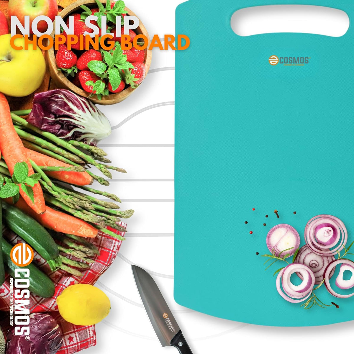 E-COSMOS® Plastic Cutting/Chopping Board for Kitchen, Heavy-Duty & Durable Kitchen Board for Vegetable and Meat Chopping, Anti-Slip Grip, Easy to Clean (Turquoise) (34L X 22W)