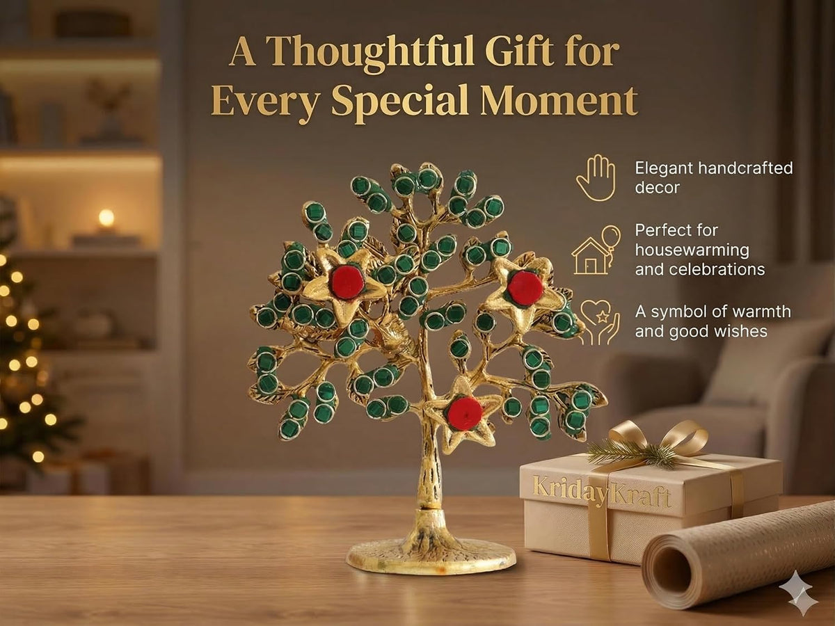 KridayKraft Metal Kalpavriksha Tree for Home Decor - Golden Wish Fulfilling Tree Metal Showpiece for Temple, Vastu, Office Table & Gifting Banyan (No 1 Golden with Stone)